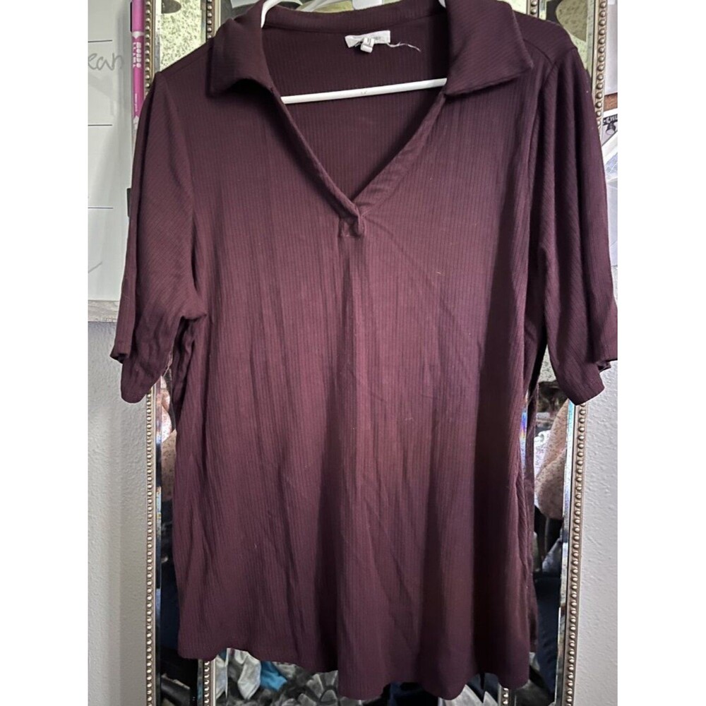 Maurices Burgundy Ribbed Knit Collared V-Neck Top Plus Size 0X